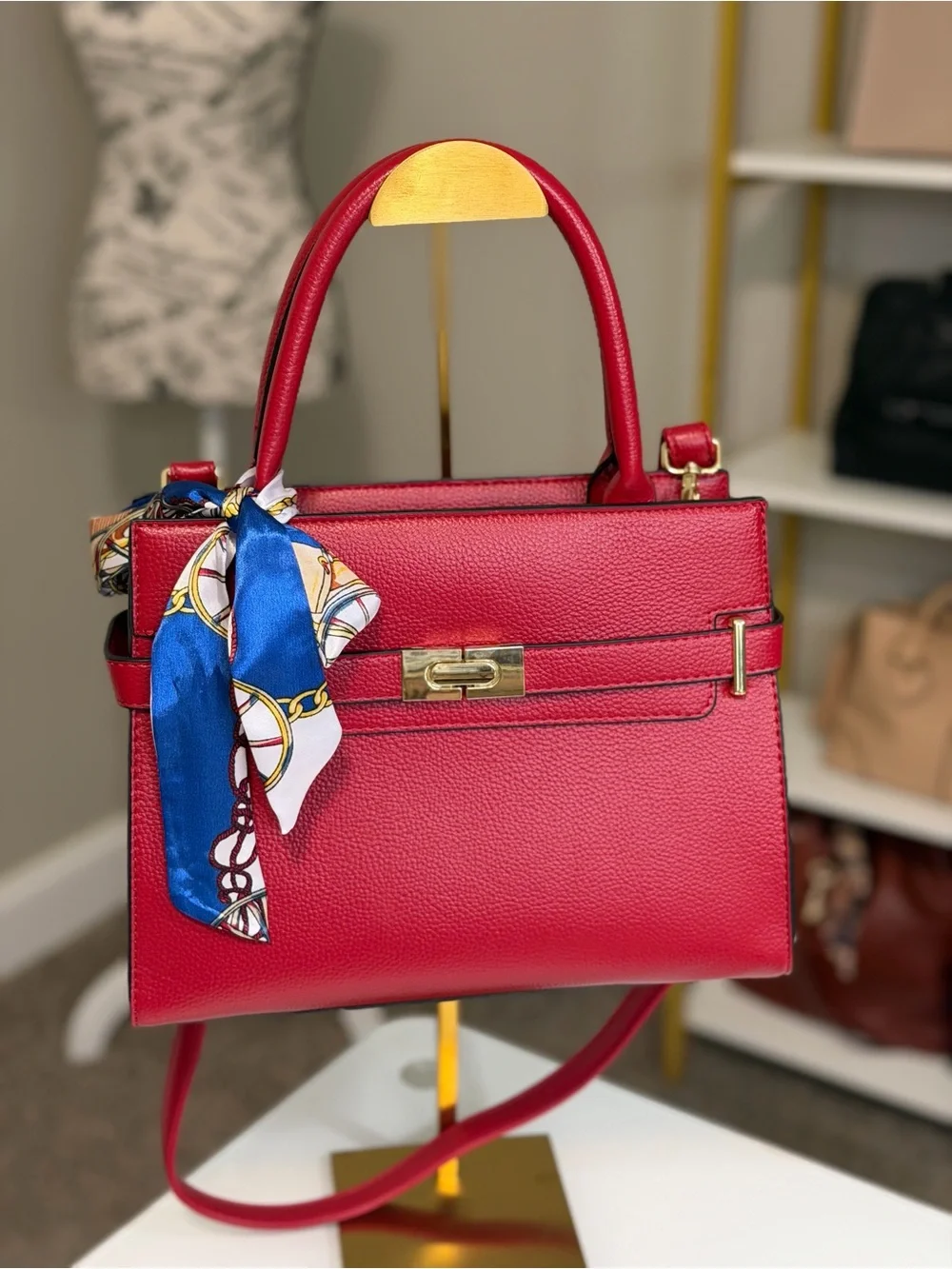 Red Structured Top-Handle Tote with Scarf Accent & Crossbody Strap